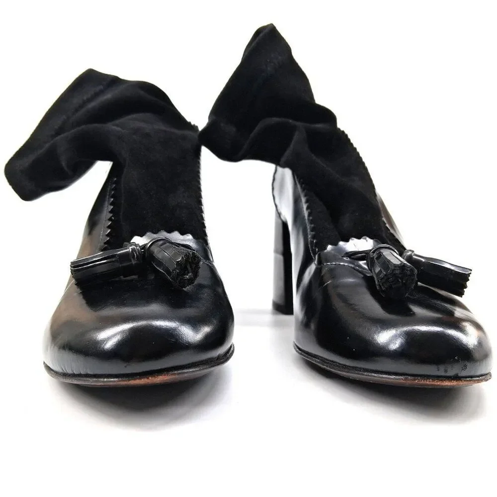 Robert Clergerie Paris Black Leather Sock Boot Heels Tassel Scallop Y2K SZ 7